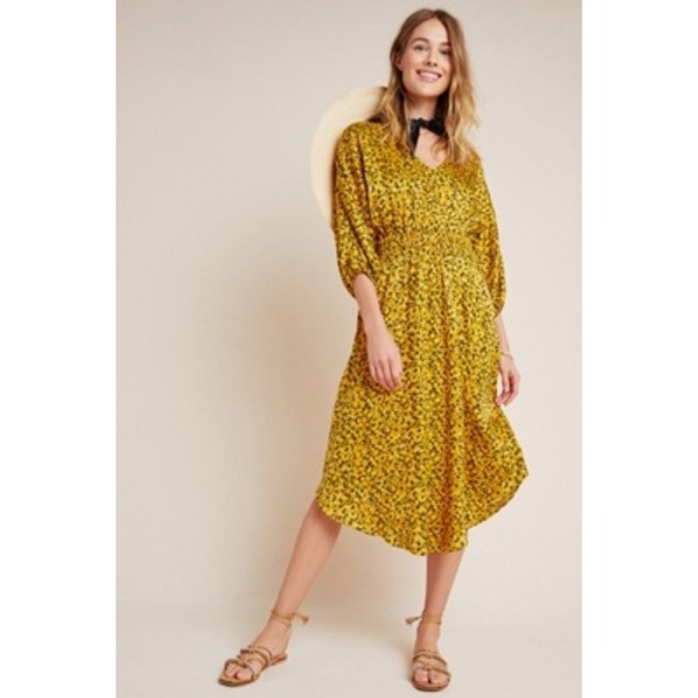 By Anthropologie Marigold Yellow Dress M Smocked Waist Pleated Flowy Resort Wear